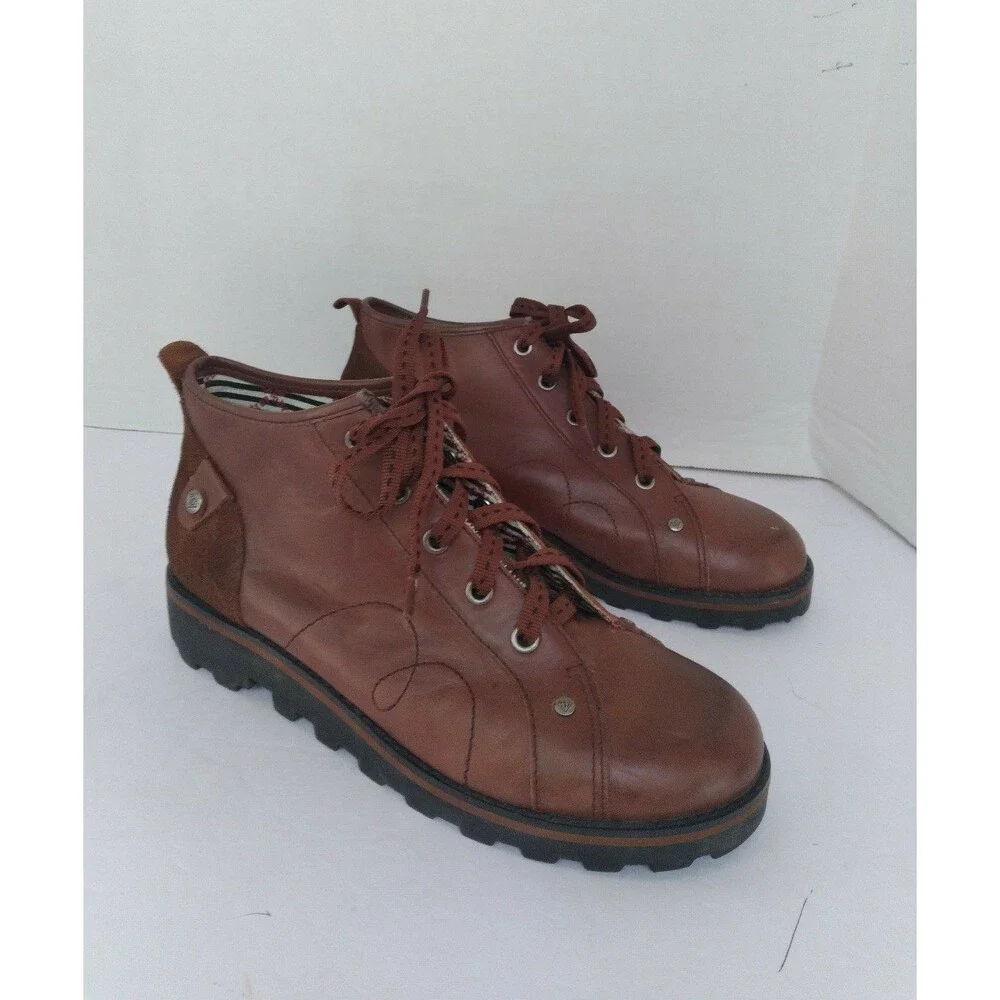 Vintage‎ Brown Leather Ankle Boots with Chunky Lug Sole Platform Combat Style